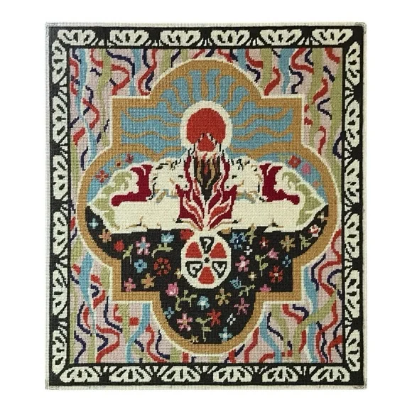 Large Needlepoint Featuring Unicorns and a Geometric Design